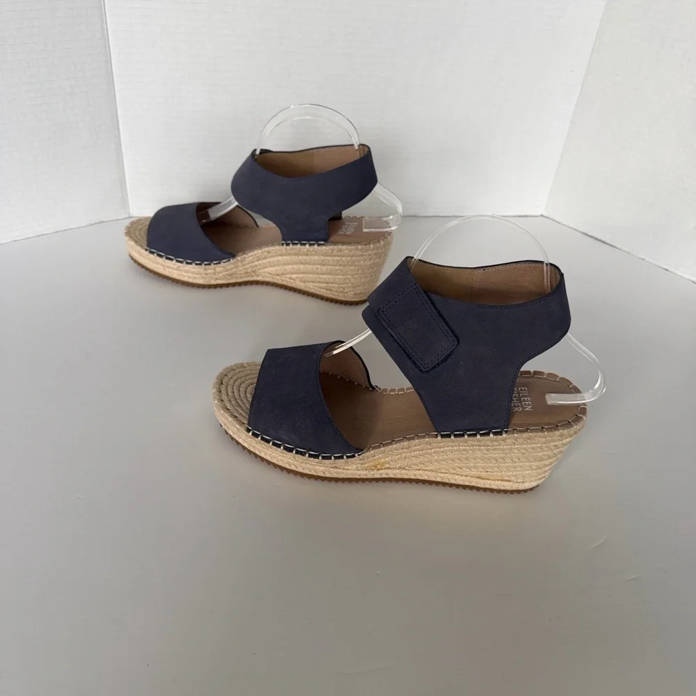 Eileen Fisher Weslia Twilight Blue Suede Leather Espadrille Wedge Sandal Size 9